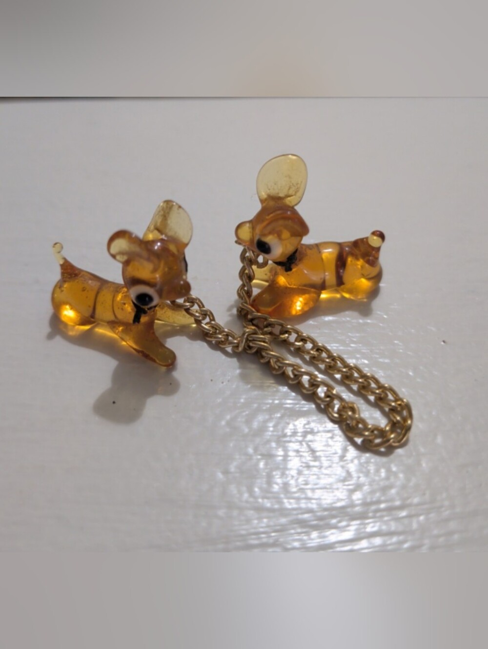 Vintage Hand-Blown Miniature Amber Glass Deer Figurines with Gold Tone Chain
